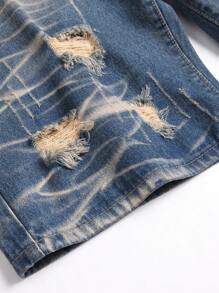 Men's Zipper Fly Straight Leg Ripped Denim Shorts, Non-Elastic, Washed - Blue - View 5