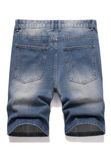 Men's Zipper Fly Straight Leg Ripped Denim Shorts, Non-Elastic, Washed - Blue - View 2