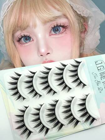 5 Pairs Of European And American Style Full Strip False Eyelashes, Black Hard Bristle Curled False Eyelashes