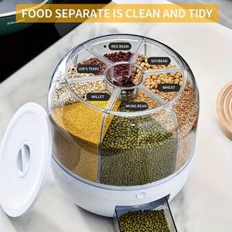 1 件谷物分配器 - 宽敞的 6 格隔间，360° 旋转，干粮分配器，谷物食品储存盒，带盖密封米桶 - 优质防潮材料，用于保鲜、储存、厨房收纳、收纳、厨房用品、房间装饰、家居装饰。