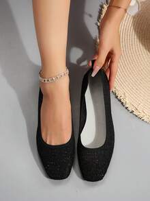 蕾丝平底鞋，女士夏季透气网面平底凉鞋 - 黑色 - 查看 2