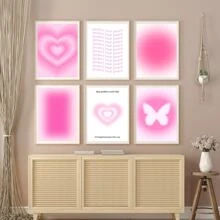 6入組無框帆布粉紅預ppy海報，適用於房間美學防水帆布藝術牆飾，時髦藝術壁畫，適用於禮物，臥室，客廳，辦公室，浴室，餐廳，咖啡館，酒吧派對，牆面裝飾，家居和宿舍裝飾
