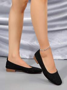 蕾丝平底鞋，女士夏季透气网面平底凉鞋 - 黑色 - 查看 1