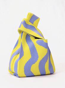 1入色彩斑斕的條紋女式手提包，黃色和藍色針織手提包，清新午餐盒袋，簡約時尚的度假和購物袋，可摺疊便攜式的午餐袋，適用於旅行、露營和工作 - 彩色 - 查看 1