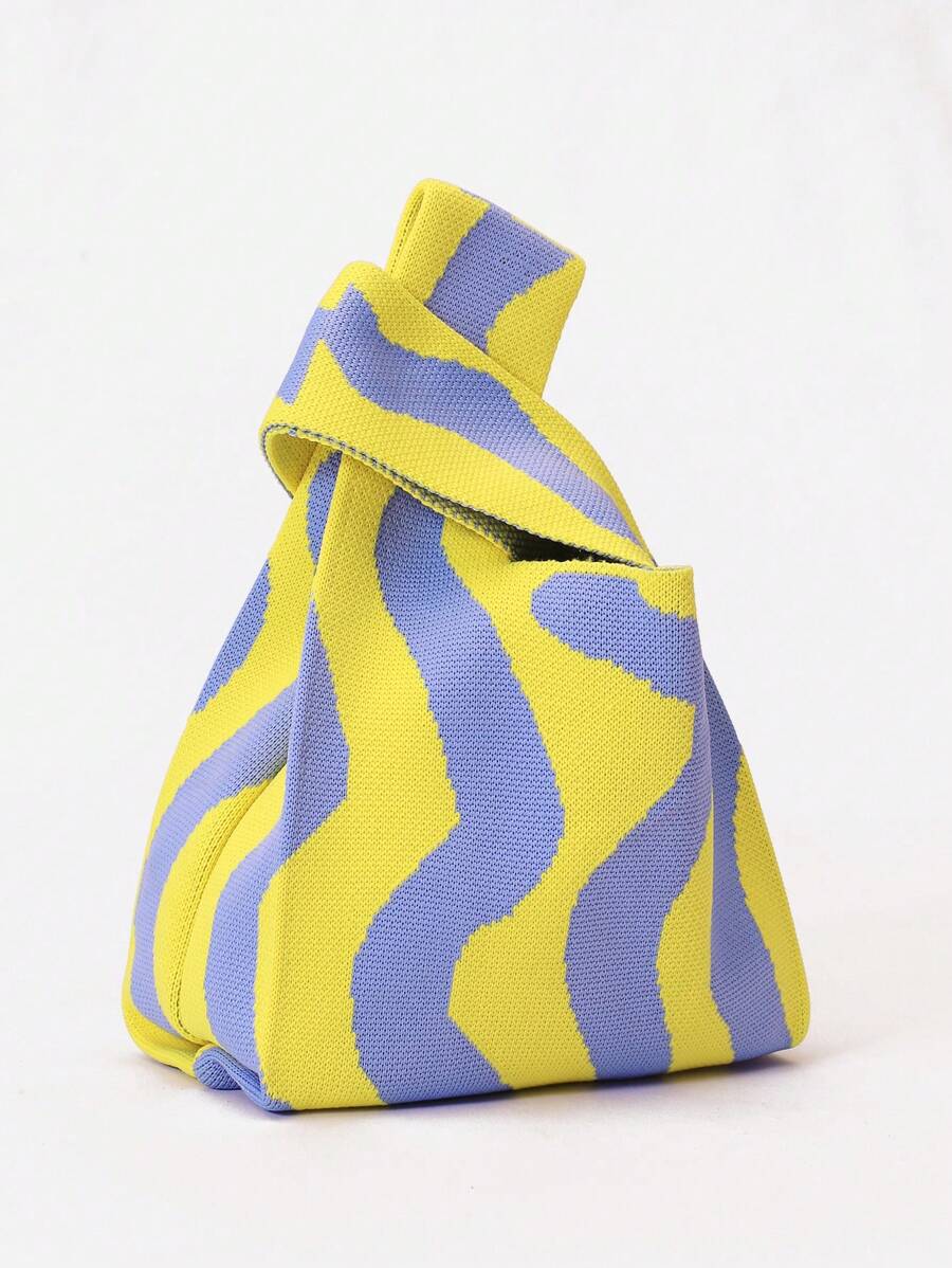 1入色彩斑斕的條紋女式手提包，黃色和藍色針織手提包，清新午餐盒袋，簡約時尚的度假和購物袋，可摺疊便攜式的午餐袋，適用於旅行、露營和工作 - 彩色 - 查看 1