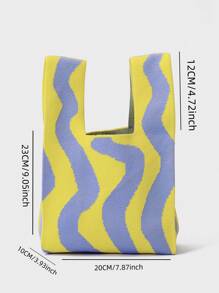 1入色彩斑斕的條紋女式手提包，黃色和藍色針織手提包，清新午餐盒袋，簡約時尚的度假和購物袋，可摺疊便攜式的午餐袋，適用於旅行、露營和工作 - 彩色 - 查看 3