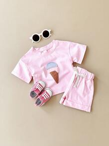 2pcs Baby Girl Casual Ice Cream Patchwork Short Sleeve T-Shirt And Shorts Set, Summer - Pink - View 7