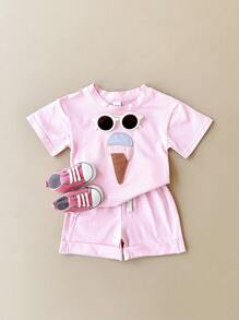 2pcs Baby Girl Casual Ice Cream Patchwork Short Sleeve T-Shirt And Shorts Set, Summer - Pink - View 2