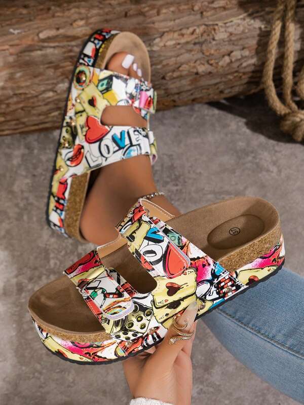 Sandalias planas de talla grande para mujer con hebilla de correa y cierre de gancho y bucle, remaches de remache, doble suela de dos capas para efecto significativo de aumento de altura. Adecuado para la playa y las compras, de moda y moderno.