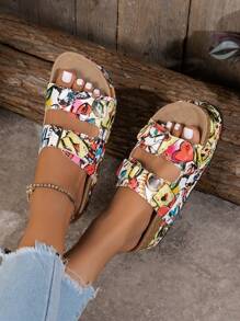Women's Plus Size Belt Buckle Hook-And-Loop Rivets Flat Slippers, Double Layered Sole For Significant Height Increase Effect. Suitable For Beach And Shopping, Fashionable And