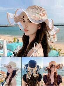 1 pieza Sombrero de verano de mujer estilo bohemio con bordes ondulados, detalle de lazo, ala ancha, sombrero de paja plegable de moda para protección solar al aire libre o diaria, regalo del Día de San Valentín