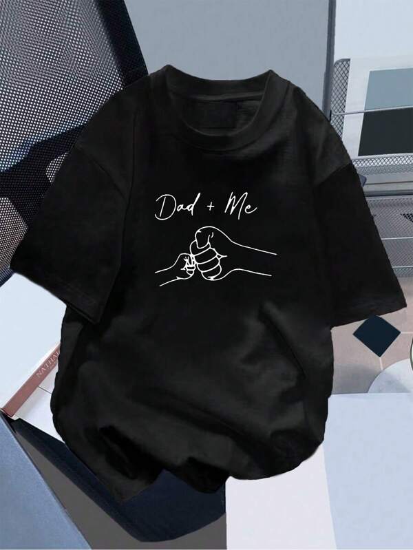 Tween Boy Casual Black Round Neck Short Sleeve T-Shirt With Letter And Gesture Print For Summer