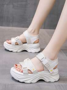 女士升级款运动风跑步凉鞋夏季新款休闲沙滩鞋厚底透气软底厚底罗马凉鞋 - 米色 - 查看 3