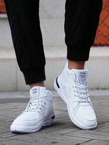 男士潮流前綁帶設計運動鞋,帶字母圖案,高筒滑板鞋適用於戶外活動和保暖 - 白色 - 查看 10