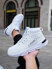 男士潮流前綁帶設計運動鞋,帶字母圖案,高筒滑板鞋適用於戶外活動和保暖 - 白色 - 查看 8
