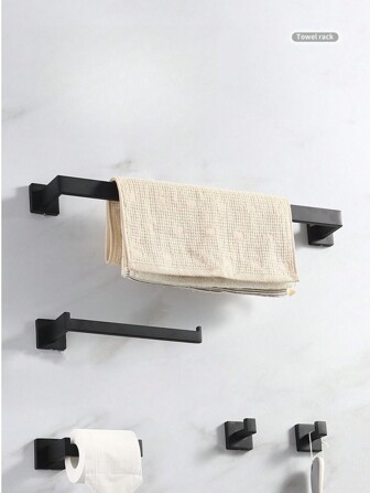 1pc Square Tube Bathroom Accessories Set, Including Towel Ring, Toilet Paper Holder, Multifunctional Storage Rod Of Extra Thickness, Clothes Hook, All With Perforated Installation