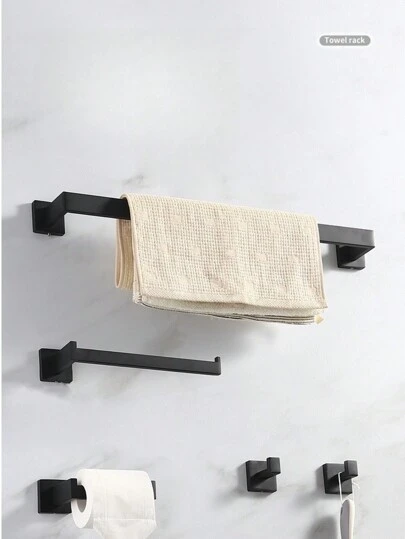 1pc Square Tube Bathroom Accessories Set, Including Towel Ring, Toilet Paper Holder, Multifunctional Storage Rod Of Extra Thickness, Clothes Hook, All With Perforated Installation Bathroom Accessories