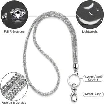 1pc Rhinestone Neck Lanyard For ID Card And Key, 31.5 Inch (Approx. 80cm) Shiny Neck Strap With Metal Clasp And Keyring, Crystal Lanyard For Office, White,School Supplies,Back To School