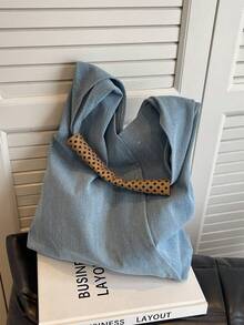 夏日假期風格帆布手提包配編織手柄，極簡藝術風格、大容量、輕便，適合女性旅行或玩樂使用 - 藍色 - 查看 5