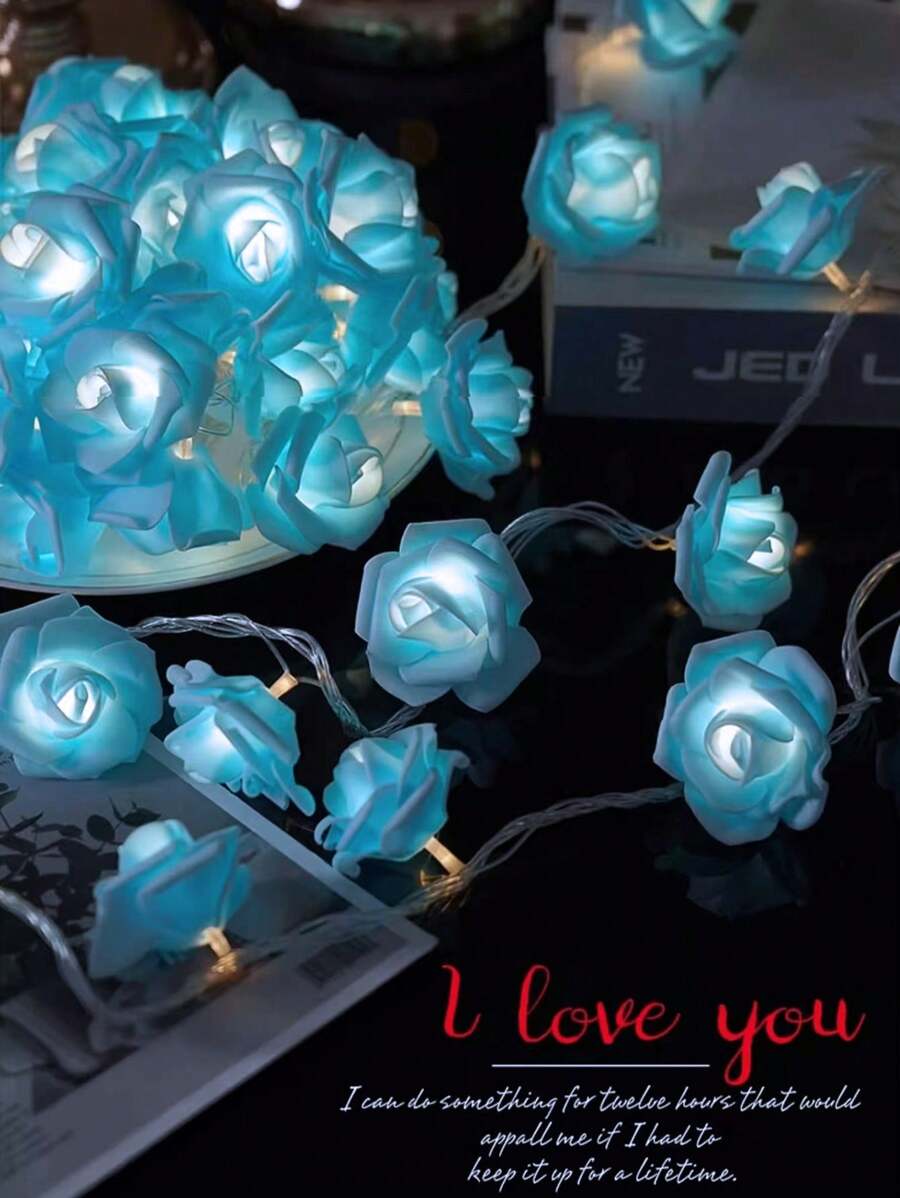 10/20/40pcs Blue Rose String Lights, LED Flower Lights For Girls Room Decor, 6.6/9.8/19.68ft, Birthday, Party, Wedding, Valentine's Day, Proposal Romantic Decor Lights, USB/Battery Powered (Batteries Not Included) - Blue - View 1