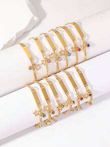 1pc Children's Birthday Butterfly Heart Crown Star Square Plate Stainless Steel Bracelet, 18K Plated & Engravable, A Meaningful Gift For Kids - Yellow Gold - View 6