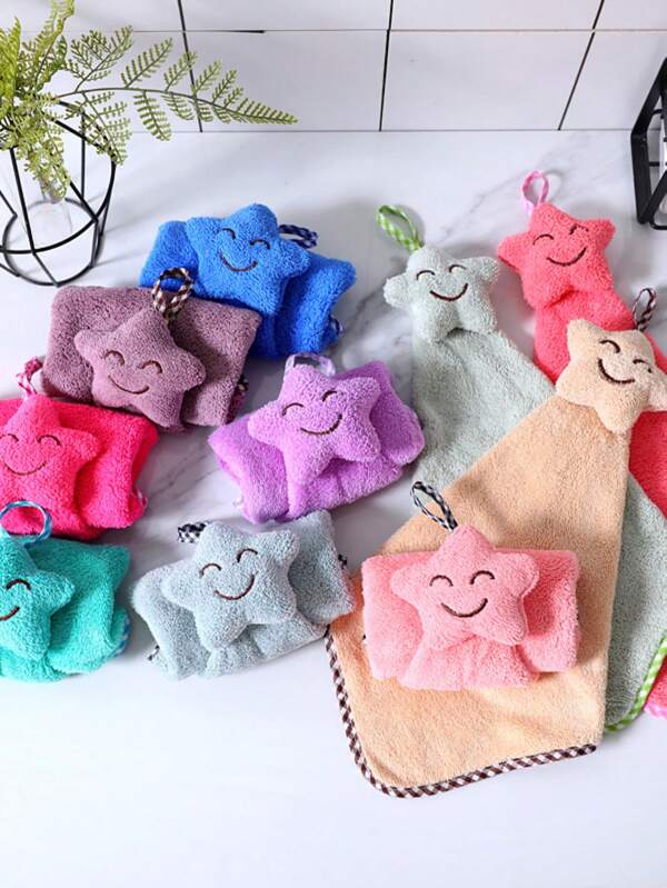 1/2/4/6/8pcs Polyester Fiber Soft And Absorbent Hand Towel With Cute Smile Embroidery, Available In Various Colors For Home Use, Quick Drying And No Fading, Suitable For Kitchen And Bathroom, Great For Festive Gifts Home Bathroom Decor Fall Decor Back To School Dish Cloths Kitchen Towel