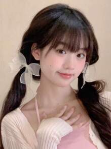 2pcs Super Fairy Mesh Bow Hair Clips Valentine's Day Claw Clips Hair Claws Hair Barrettes, School Stuff, Hair Accessories, Head Accessories - Beige - View 8