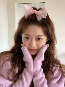 2pcs Super Fairy Mesh Bow Hair Clips Valentine's Day Claw Clips Hair Claws Hair Barrettes, School Stuff, Hair Accessories, Head Accessories - Beige - View 6