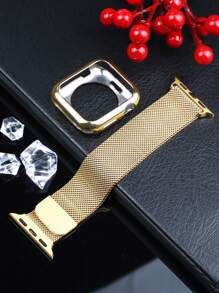 Compatible With Apple Watch Band And Case Combination Set Men's And Women's Fashion Business Casual Soft Breathable Loop-Type Stainless Steel Wire Braided Magnetic Buckle Strap + Soft Glossy Anti-Drop And Scratch-Resistant TPU Protective Case Compatible With Apple Watch 38/40/41/42/44/45/46/49MM
