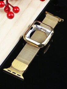 Compatible With Apple Watch Band And Case Combination Set Men's And Women's Fashion Business Casual Soft Breathable Loop-Type Stainless Steel Wire Braided Magnetic Buckle Strap + Soft Glossy Anti-Drop And Scratch-Resistant TPU Protective Case Compatible With Apple Watch 38/40/41/42/44/45/46/49MM