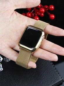 Compatible With Apple Watch Band And Case Combination Set Men's And Women's Fashion Business Casual Soft Breathable Loop-Type Stainless Steel Wire Braided Magnetic Buckle Strap + Soft Glossy Anti-Drop And Scratch-Resistant TPU Protective Case Compatible With Apple Watch 38/40/41/42/44/45/46/49MM
