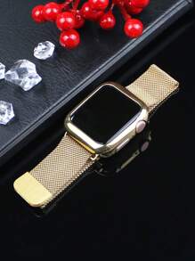 Compatible With Apple Watch Band And Case Combination Set Men's And Women's Fashion Business Casual Soft Breathable Loop-Type Stainless Steel Wire Braided Magnetic Buckle Strap + Soft Glossy Anti-Drop And Scratch-Resistant TPU Protective Case Compatible With Apple Watch 38/40/41/42/44/45/46/49MM