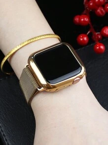 Compatible With Apple Watch Band And Case Combination Set Men's And Women's Fashion Business Casual Soft Breathable Loop-Type Stainless Steel Wire Braided Magnetic Buckle Strap + Soft Glossy Anti-Drop And Scratch-Resistant TPU Protective Case Compatible With Apple Watch 38/40/41/42/44/45/46/49MM