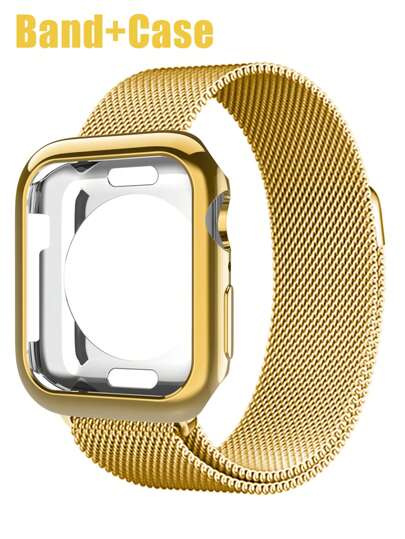 Conjunto de banda y estuche compatible con Apple Watch. Banda de hebilla magnética de acero inoxidable con estilo, suave, transpirable y ajustable + Estuche protector de TPU a prueba de golpes y resistente a arañazos para hombres y mujeres. Compatible con Apple Watch Series Ultra/11/10/9/8/7/6/5/4/3/SE, banda y estuche de 38/40/41/42/44/45/46/49mm.