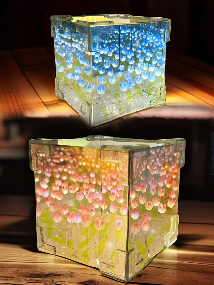 (USB Powered) 10/20/30 Tulips Flower Cube Night Light, Handmade DIY Material Kit, Dual Function As Night Light & Mirror, Ideal Gift For Girlfriend, Friends, Birthday, Valentine's Day - 多色 - 查看 1