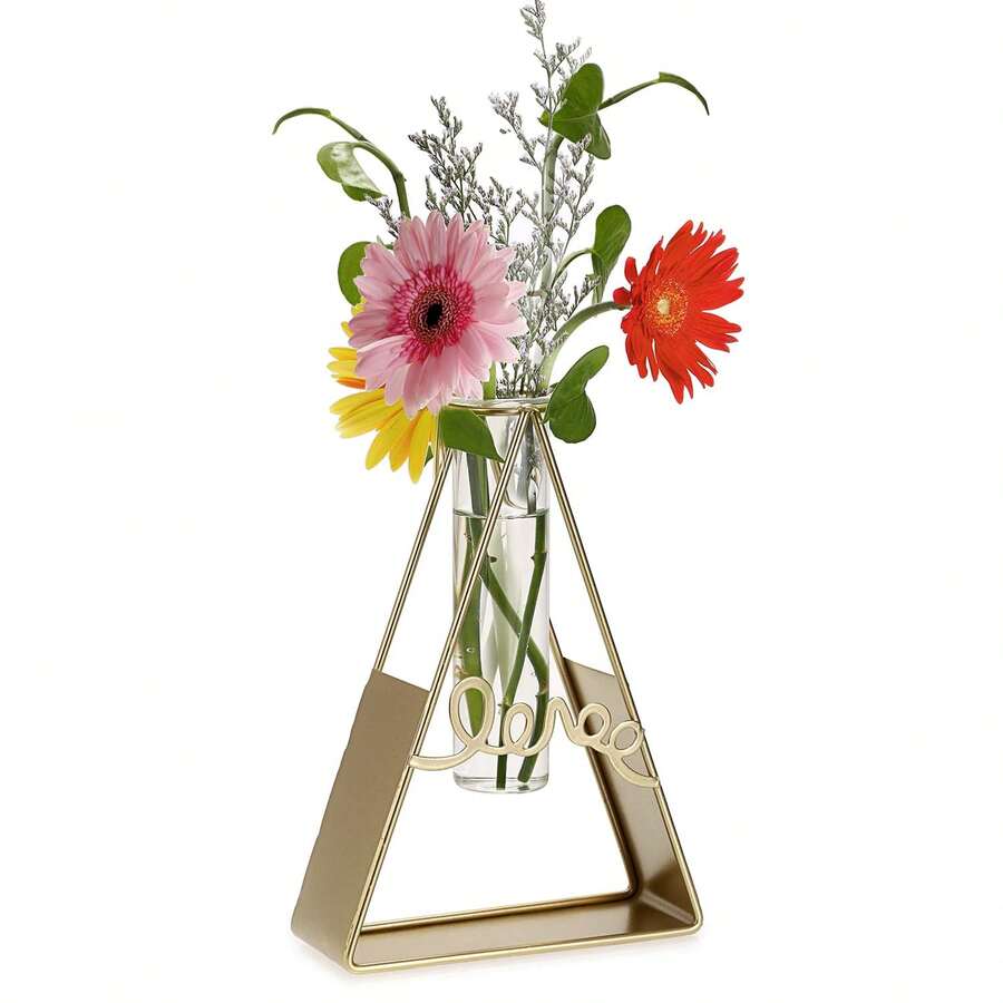 現代風格試管花瓶，透明玻璃試管花瓶配金屬架，水耕植物花瓶適用於家居辦公桌面中心點裝飾 - 金色 - 查看 1