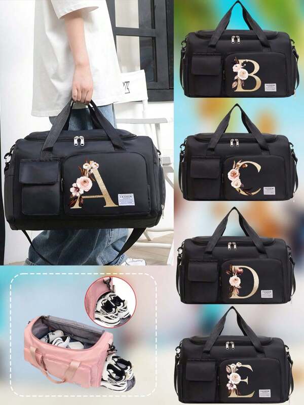 Material de tecido Oxford, estilo moderno, grande capacidade, multifuncional, bolsa de viagem preta, bolsa de mão, bolsa transversal, bolsa de ombro, espaço separado para guardar sapatos, adequada para férias, viagens, condicionamento físico, exercícios, faculdade, bolsa de bolso aleatória para acessórios escolares, material escolar