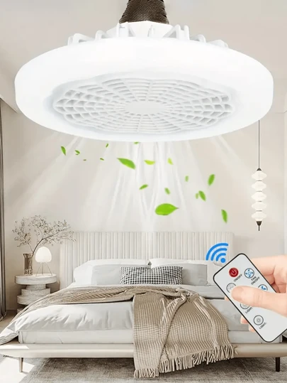 1pc E27 Ceiling Fan With Light (85V-265V), Remote Control Fan Light, Modern Remote-Controllable Enclosed Low-Profile Fan With 3-Speed LED Dimmable Light, Bladeless Flat Fan Light For Bedroom, Office, Garage Decor