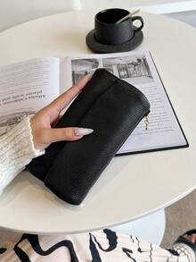 Women's Tri-Fold Wallet, Stylish Solid Color Purse - Black - View 2