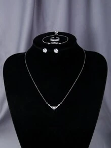 5pcs/Set Fashion Minimalist Floral & Leaf Zirconia Jewelry Set, Necklace, Bracelet, Ring, Earrings, Suitable For Party, Gift And Daily Wear