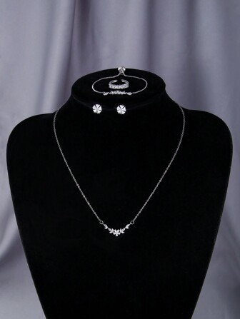 5 件套时尚简约花卉和叶子锆石首饰套装、项链、手链、戒指、耳环，适合派对、礼物和日常佩戴