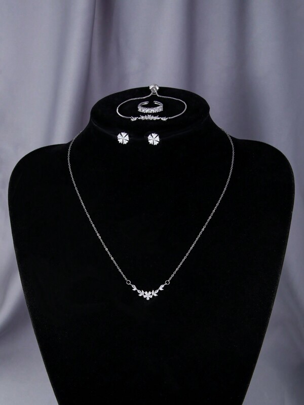 1pc Simple And Stylish Cubic Zirconia Inlaid Jewelry Set Including 1 Pendant Necklace, 1 Drawstring Bracelet, 1 Open Ring, And 2 Stud Earrings, Perfect For Festival Gifts