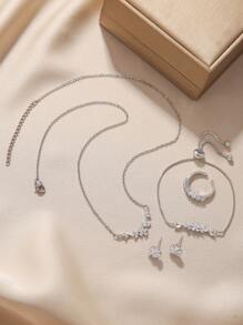 5pcs/Set Fashion Minimalist Floral & Leaf Zirconia Jewelry Set, Necklace, Bracelet, Ring, Earrings, Suitable For Party, Gift And Daily Wear
