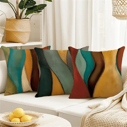 4-Piece Boho Geometric Waves Throw Pillow Covers Set, 18x18 Inch - Abstract Modern Design, Linen Blend, Zip Closure - Perfect For Sofa, Patio, And Farmhouse Decor Gifts Birthday Graduation