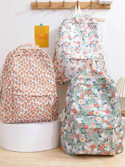 1 Piece Of Big Children's Backpack School Bag Backpack, Portable Large-Capacity Preppy Style Flower Print, Suitable For Camping, Picnic, Sports, Back-To-School Travel