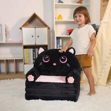 2-In-1 Convertible Kids Couch, Velvet Flip Open Sofa Bed And Lounge Chair, Comfy For Reading And Relaxing - Black & Pink Cat - View 3