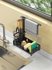 This Dishcloth Storage Rack Is Designed To Hold Multiple Dishcloths Or Towels, Keeping Your Kitchen Organized And Tidy. It Is The Perfect Storage Solution For Any Kitchen. The Dishcloth Storage Rack Is Not Just For Dishcloths. It Can Also Be Used To Store Kitchen Towels, Gloves, And Other Kitchen Essentials. It Can Be Used Stand-Alone Or Mounted On The Wall To Save The Minimal Amount Of Space In Your Kitchen. Made Of Sturdy Metal, It Ensures To Withstand The Test Of Time. The Surface Is Rust-Resistant And Aesthetically , Blending In Well With Any Kitchen Decor. - Black - View 6