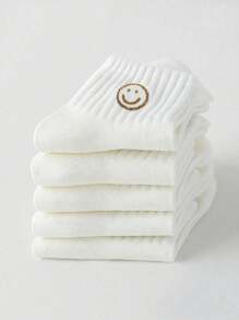 1/5/10 Pairs Women Solid Color Smiling Face Versatile Daily Casual Korean Style Fashionable High Quality Mother's Day Gift Soft & Comfortable Moisture Wicking Crew Socks