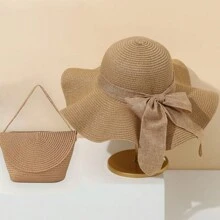 Women's Beach Hat, Khaki Wavy Pattern Beach Sun Hat With Woven Shoulder Bag, Perfect For Spring And Summer Beach Vacations And Outdoor Activities, Essential For Beach Holidays, Travel, Shopping And Vacations. - Khaki - View 12