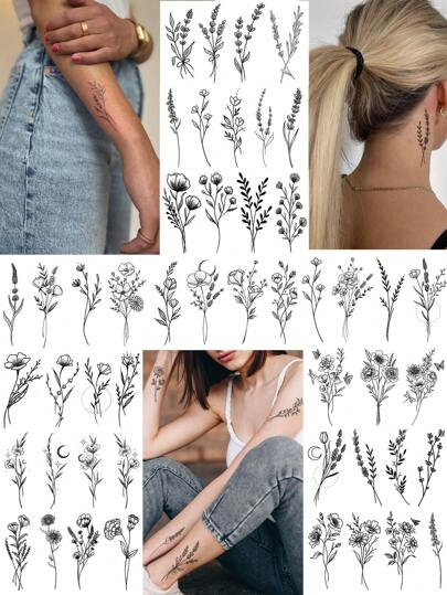 21pcs Small Branches And Black Flowers Temporary Tattoo Stickers For Women, Wild Plants Theme Including Lavender And Sweet Pea, Suitable For Adult's Face, Hand, Neck, And Body Art Decorations